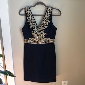 Lily Pulitzer navy and gold sleeveless dress.